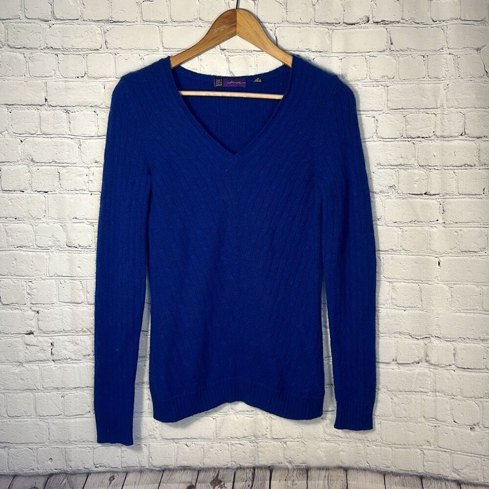 Saks Fifth Avenue Cashmere Sweater V neck Blue size M Medium needs TLC